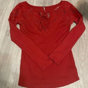 Free People brand long sleeve crochet front and back, rust red color size med